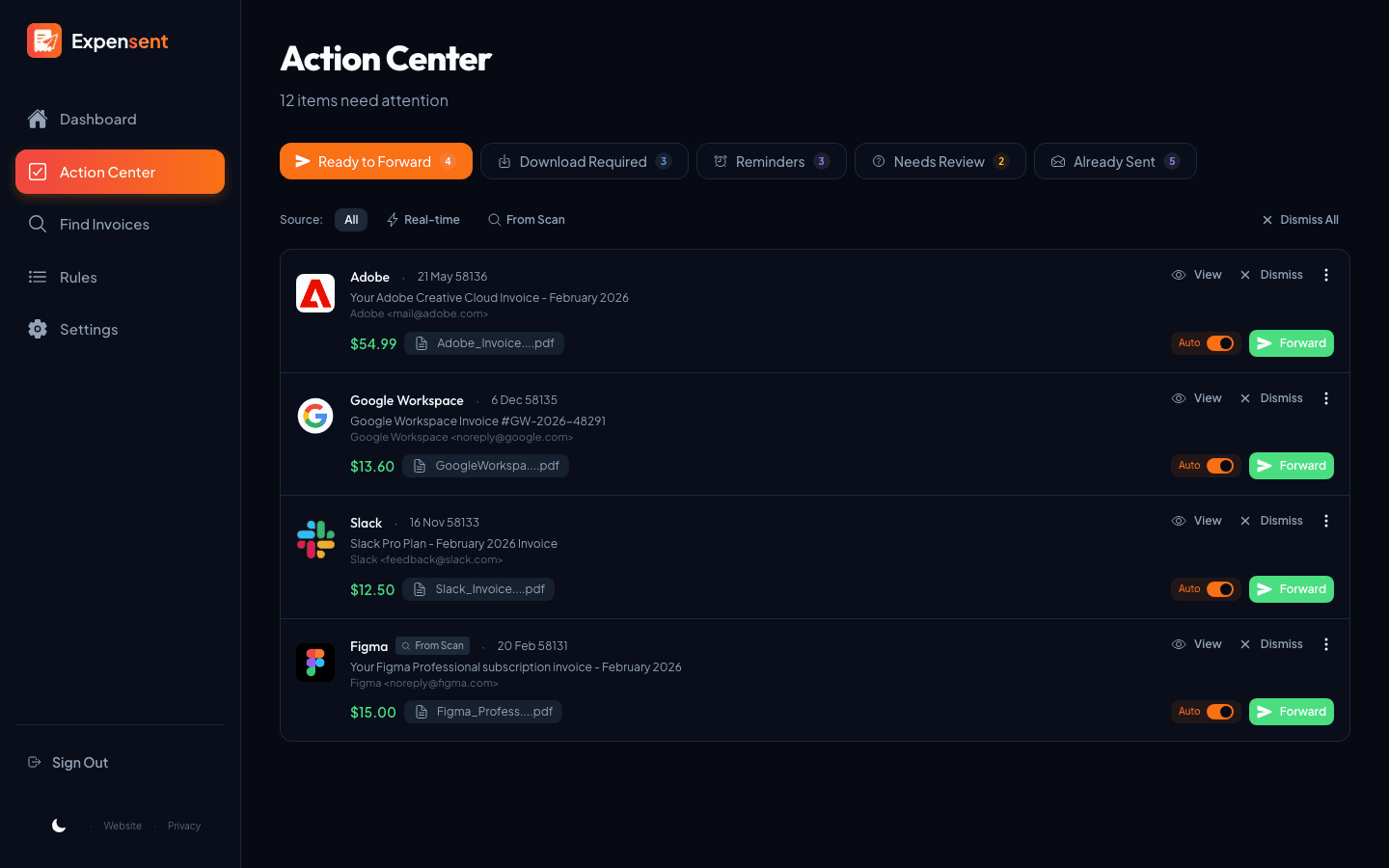 Factures détectées dans le centre d'actions Expensent