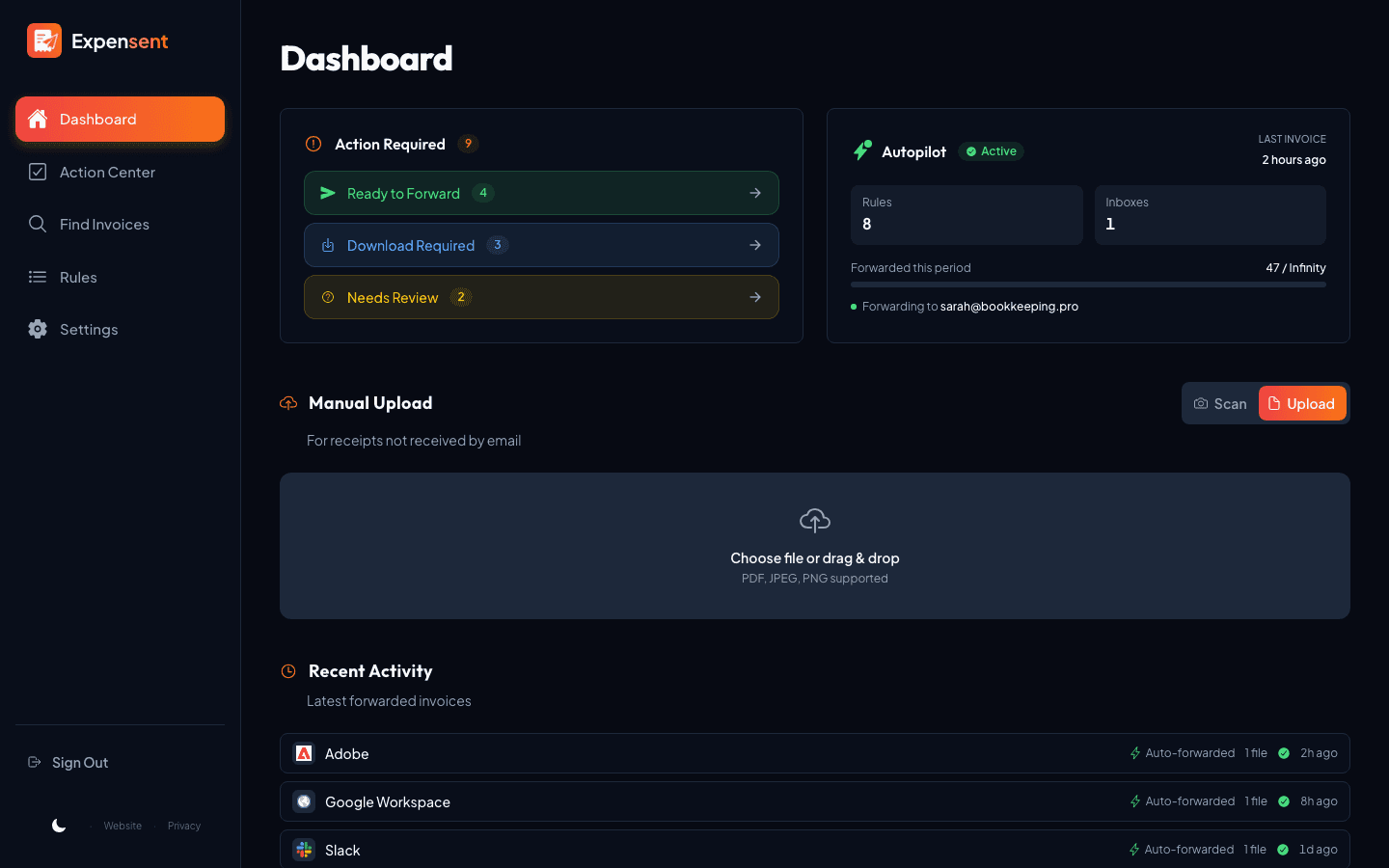 Expensent Insights dashboard with value trends and vendor totals