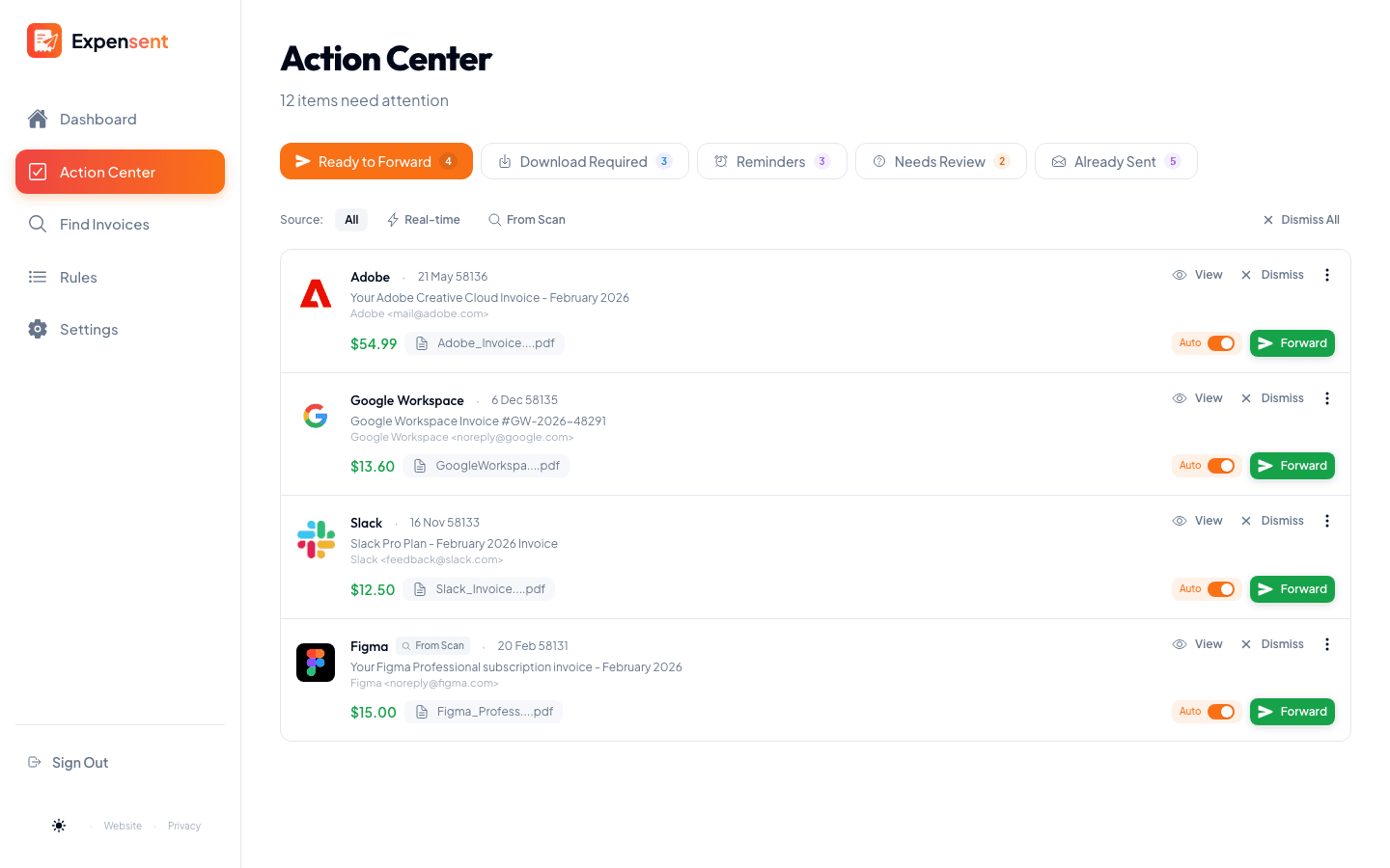 Detected invoices in the Expensent Action Center